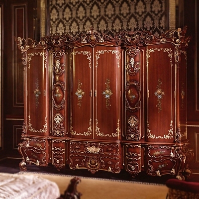 Handmade высекаенный шкафа стиля спальни шкаф 4 дверей европейского красный деревянный